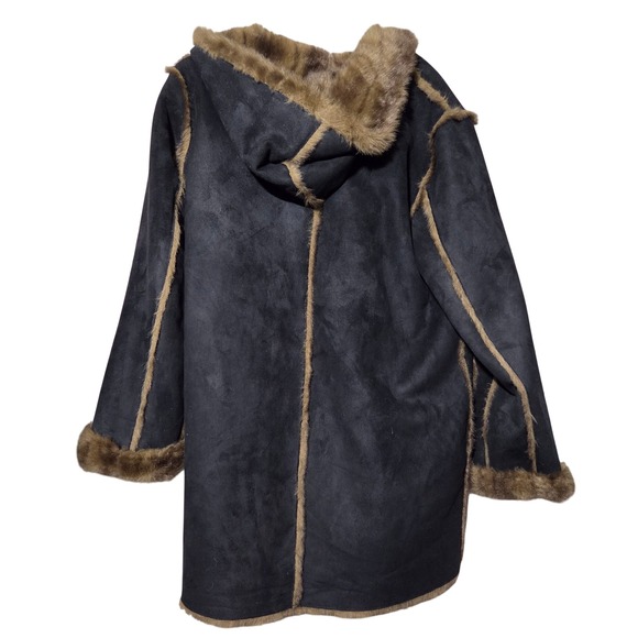Dennis Basso‎ Pennylane Hooded Faux Suede Coat M Black Brown Faux Fur Trim Boho - Picture 6 of 7